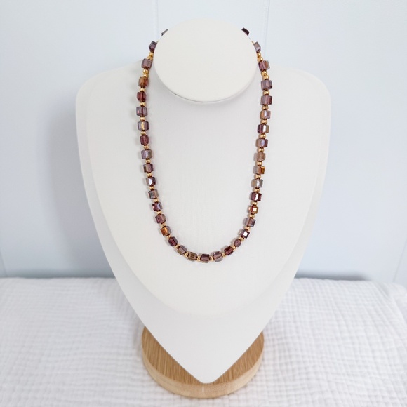 NEW 15.5” Crystal Necklace - Faceted Cubes and Garnet Beads - Handcrafted - Picture 1 of 5